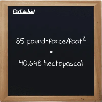 85 pound-force/foot<sup>2</sup> is equivalent to 40.698 hectopascal (85 lbf/ft<sup>2</sup> is equivalent to 40.698 hPa)